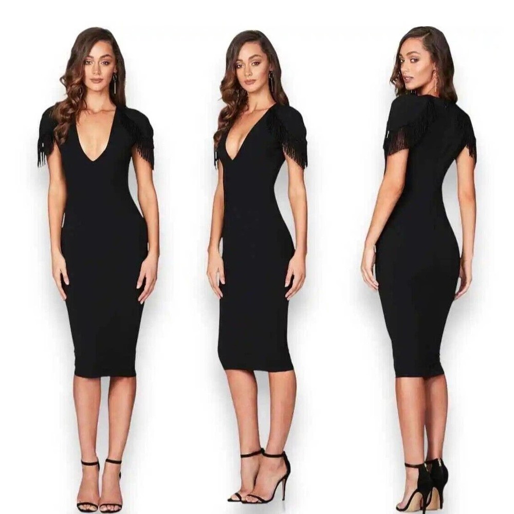 Nookie Mendez Black Western Tassel Cap Sleeve V Neck Bodycon Midi Dress XS NWT